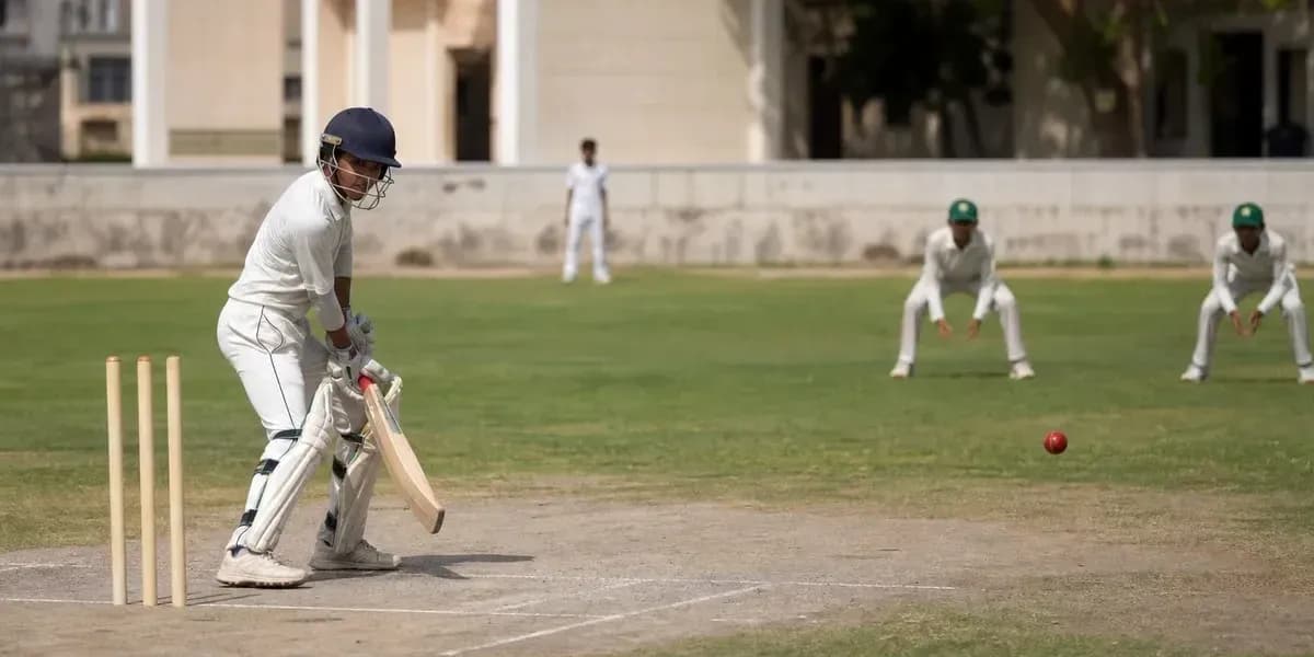 Jugador de cricket bateando mientras dos jugadores están en posición Jugador de cricket bateando mientras dos jugadores están en posición