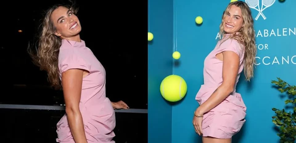 Mujer posando con vestido rosa en evento