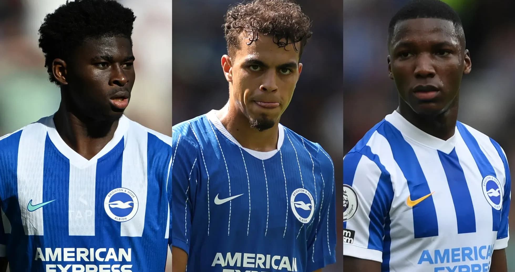 Tres jugadores de Brighton en uniforme de equipo