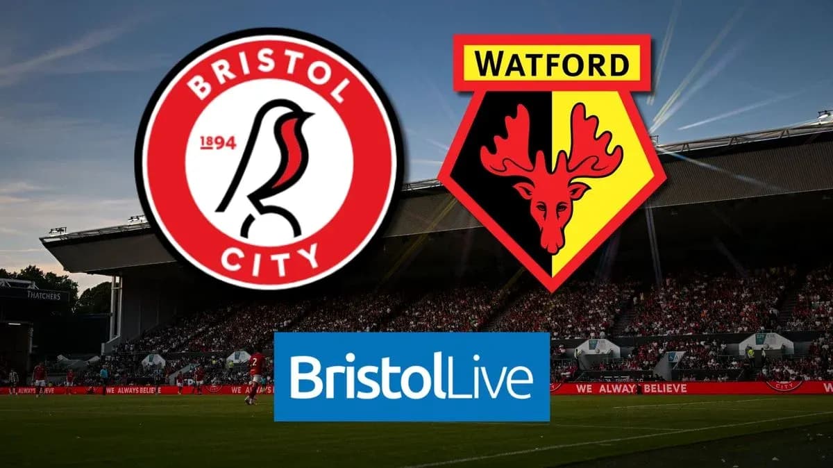 Logos de Bristol City y Watford con fondo de estadio