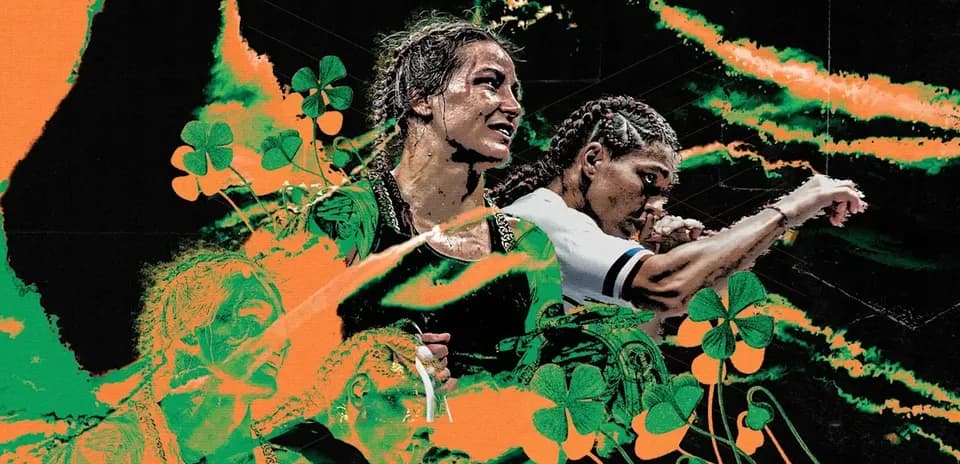 Dos luchadoras en un fondo colorido y abstracto