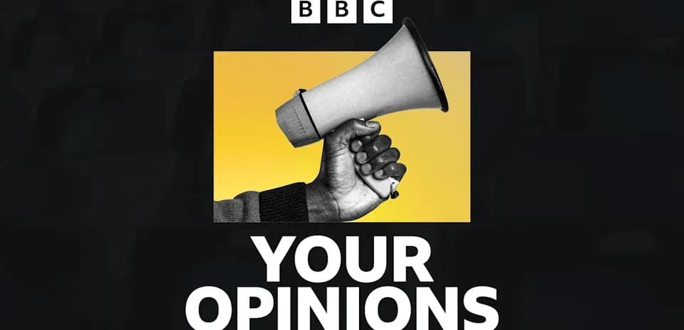 Man holding megaphone with text 'YOUR OPINIONS'