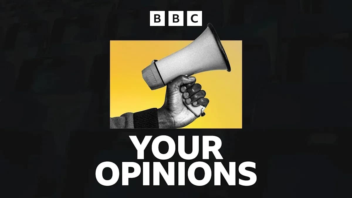 Man holding megaphone with text 'YOUR OPINIONS'
