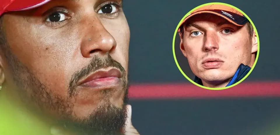 Lewis Hamilton with close-up of Max Verstappen