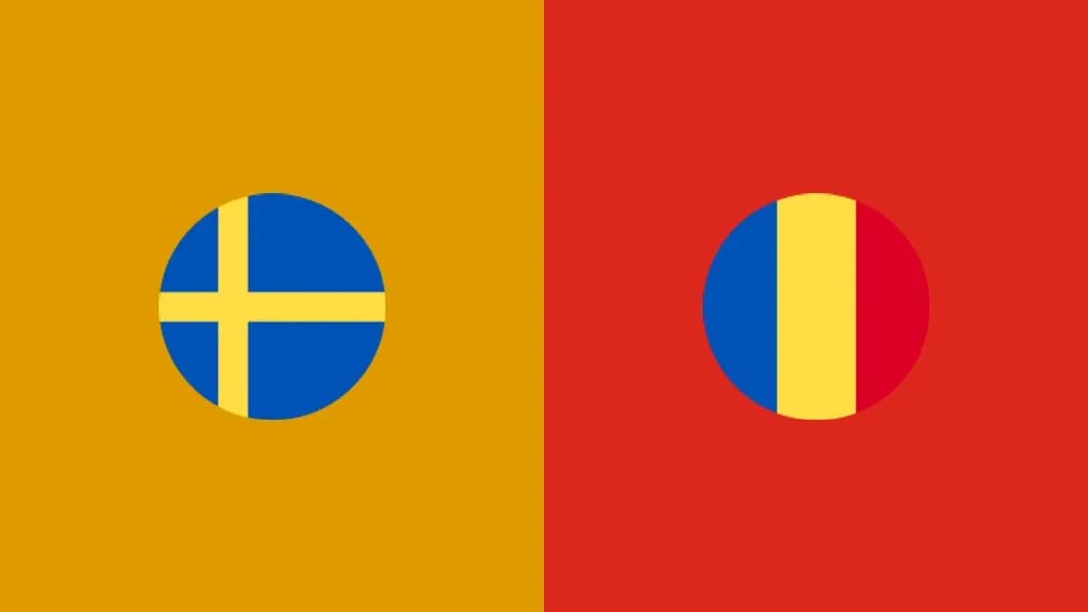 Banderas de Suecia y Rumanía en fondo amarillo y rojo