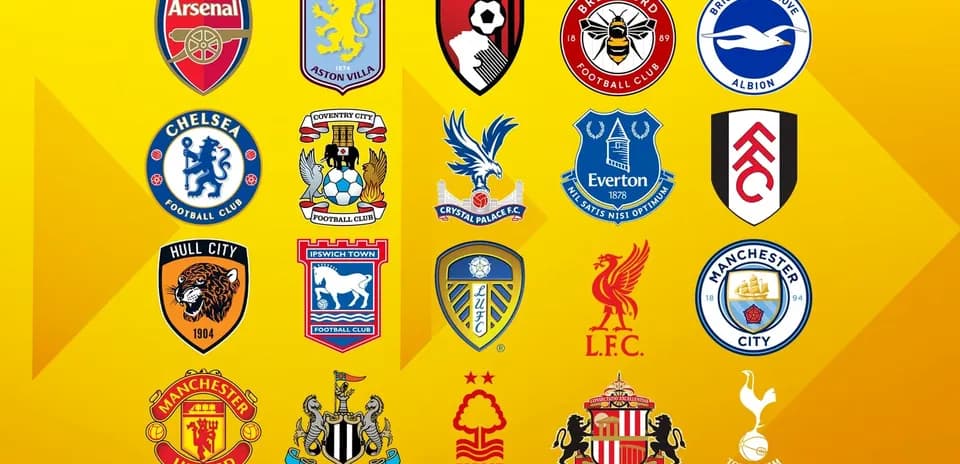 Logos de equipos de fútbol en un fondo amarillo