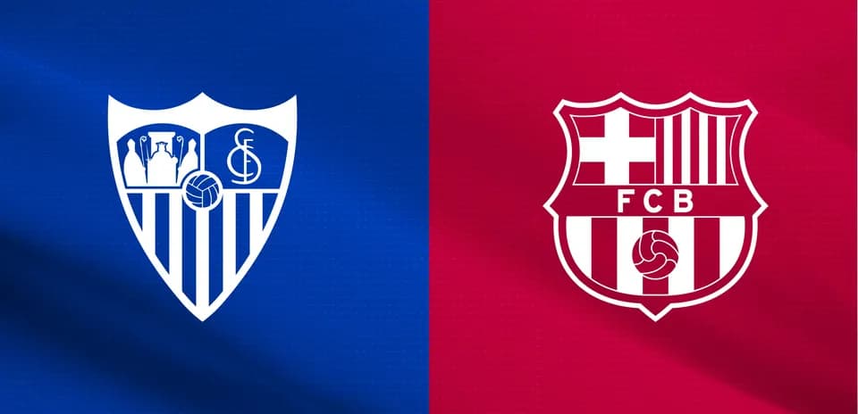 Escudos de Sevilla FC y FC Barcelona en fondo colorido