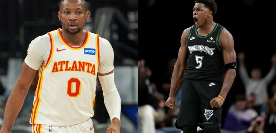 Jugadores de baloncesto de Atlanta y Timberwolves celebrando