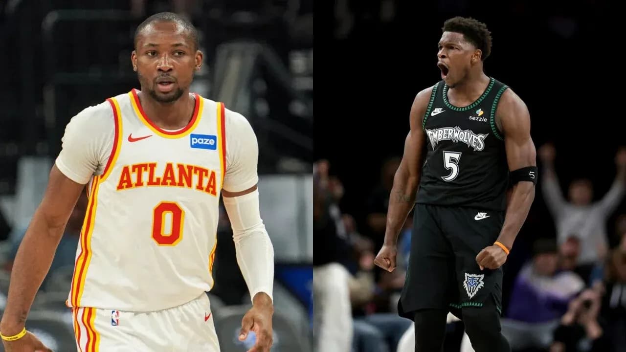 Jugadores de baloncesto de Atlanta y Timberwolves celebrando