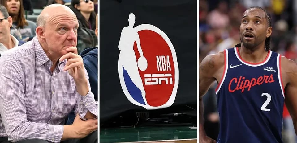 Steve Ballmer, logo NBA, Kawhi Leonard durante partido