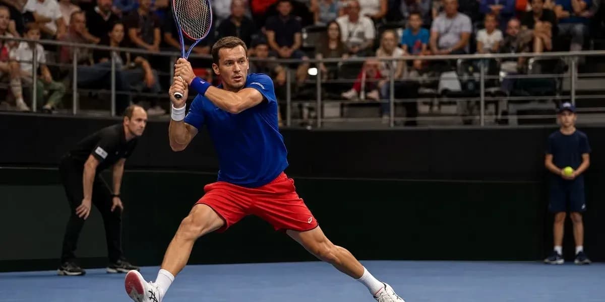 Jugador de tenis realizando un golpe en la cancha