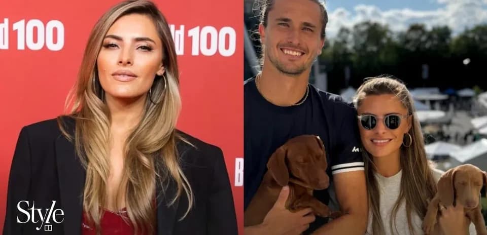 Mujer posando y pareja con cachorros al aire libre