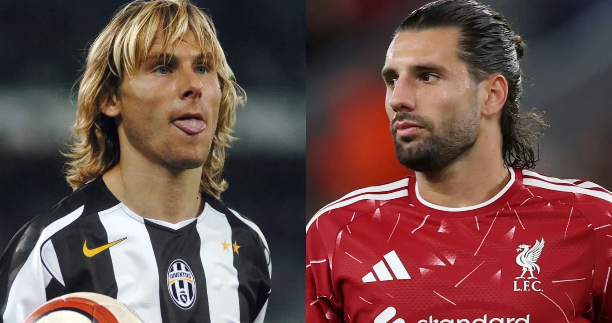 Dos futbolistas en camisetas de Juventus y Liverpool
