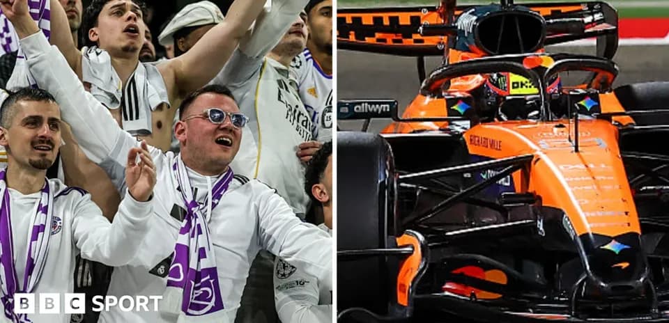 Aficionados de fútbol y coche de Fórmula 1 en acción