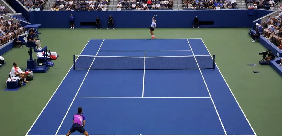 Jugador sirviendo en partido de tenis en estadio