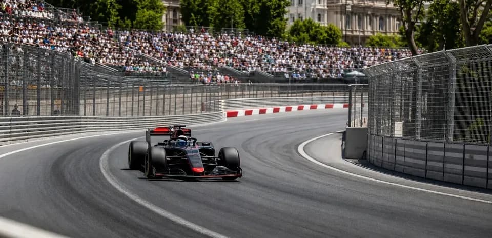 Coche de Fórmula 1 tomando curva en circuito urbano