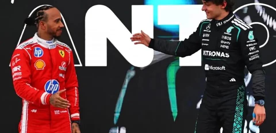 Lewis Hamilton y George Russell en ceremonia de premiación
