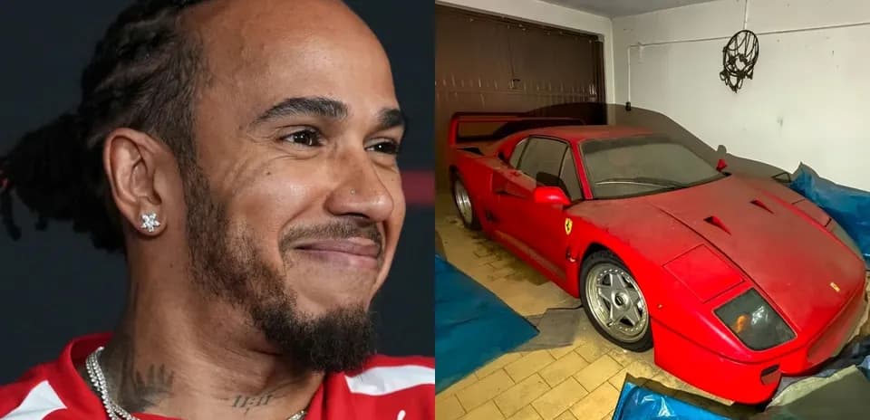 Lewis Hamilton smiling beside a dusty Ferrari F40