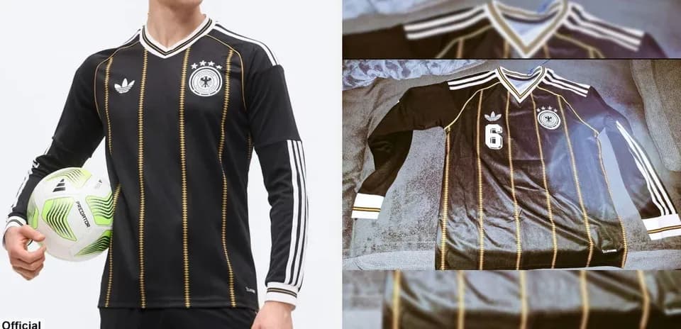 Camisa de fútbol negra con detalles dorados y balón
