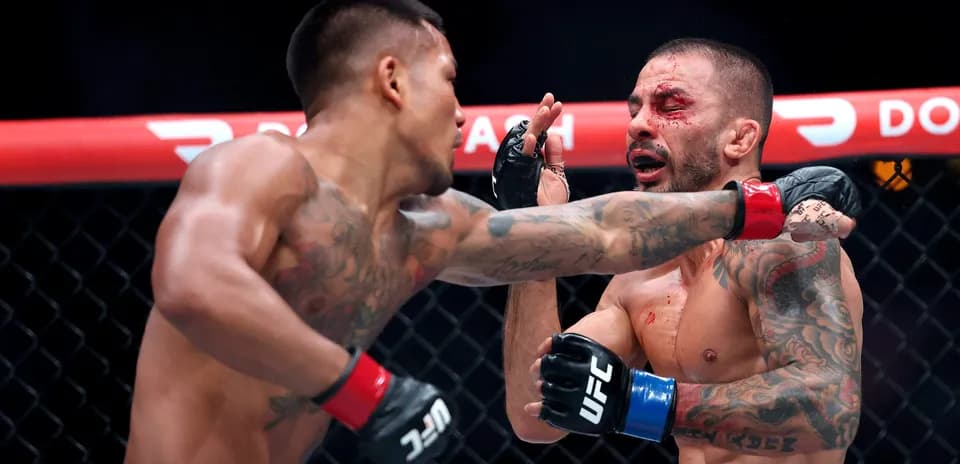 Peleador golpeando a oponente en pelea de UFC