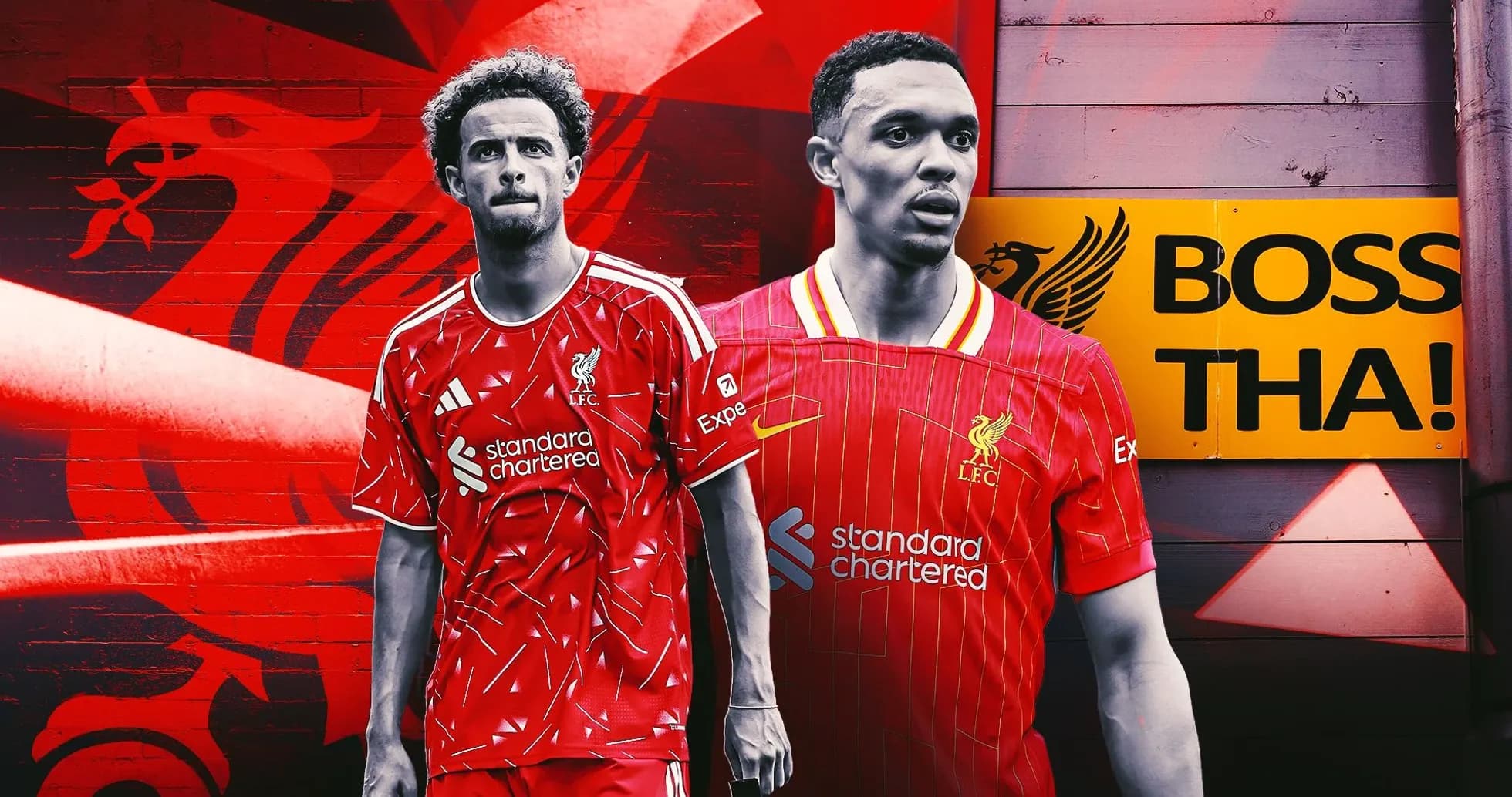 Jugadores de Liverpool en camiseta roja frente a mural