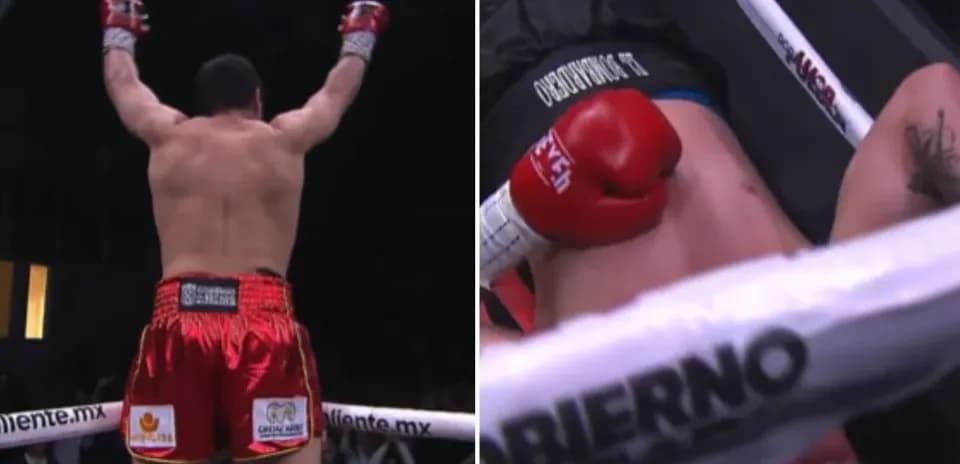 Boxeador celebrando victoria tras nocaut en el ring