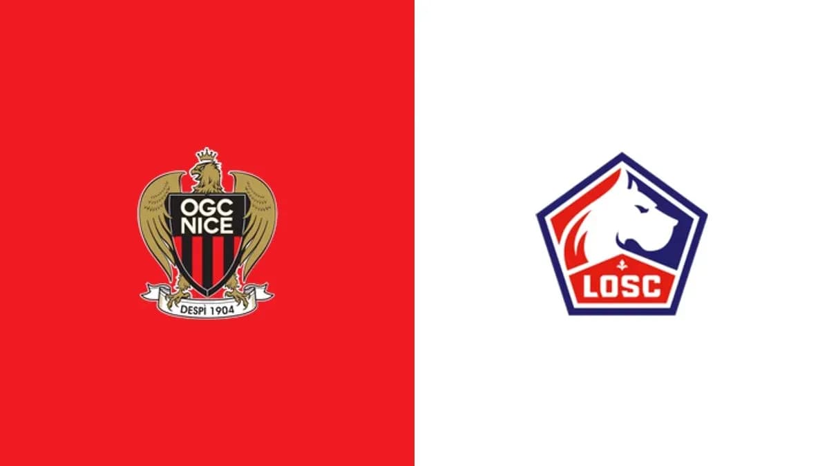 Logos de OGC Nice y LOSC Lille en fondo rojo y blanco Logos de OGC Nice y LOSC Lille en fondo rojo y blanco