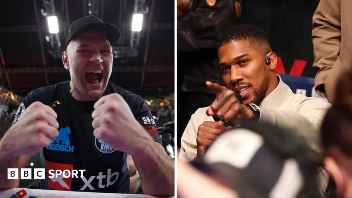Tyson Fury celebrating and Anthony Joshua pointing at audience Tyson Fury celebrating and Anthony Joshua pointing at audience