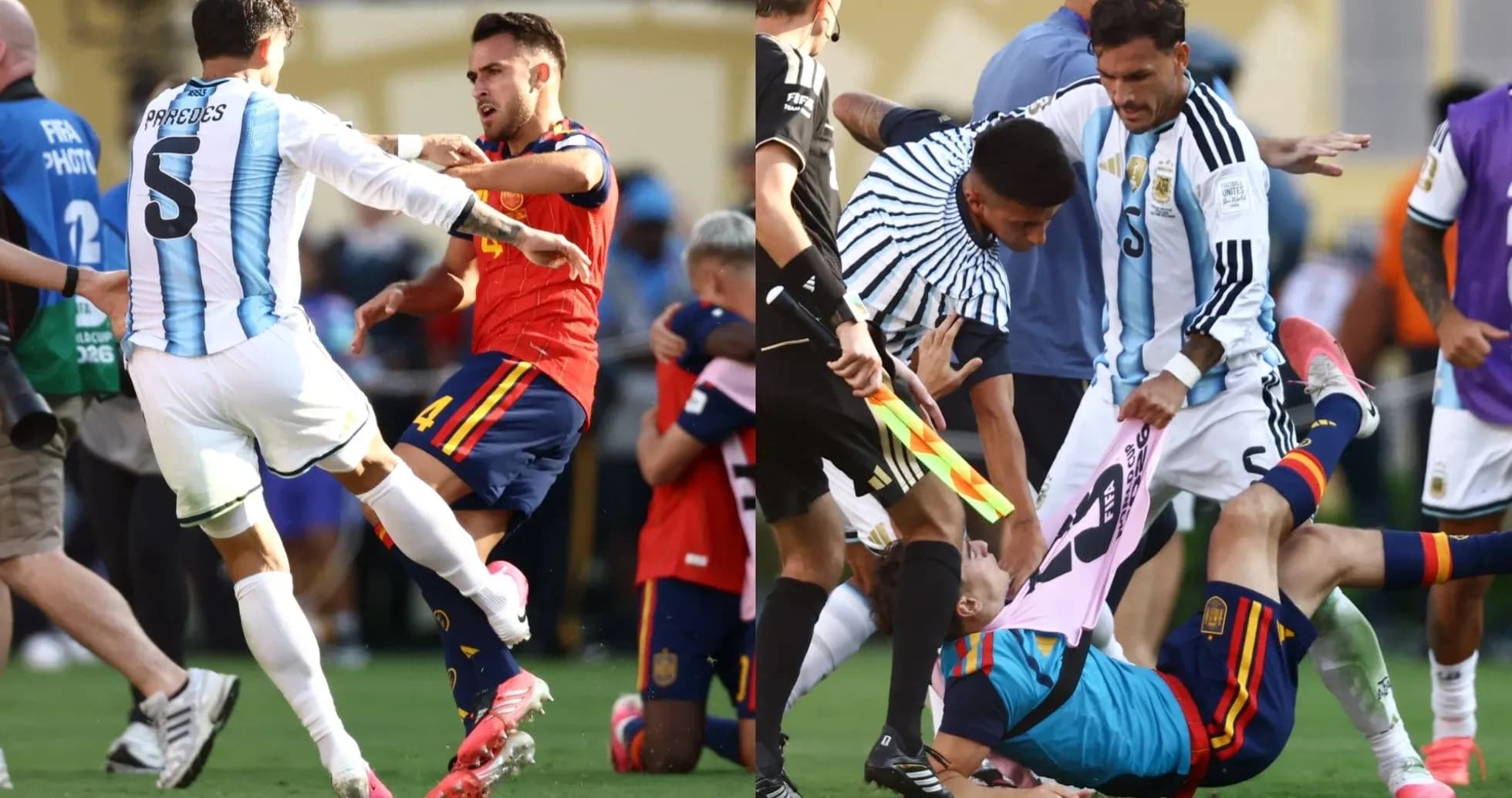 Jugadores de Argentina y España en confrontación durante partido Jugadores de Argentina y España en confrontación durante partido