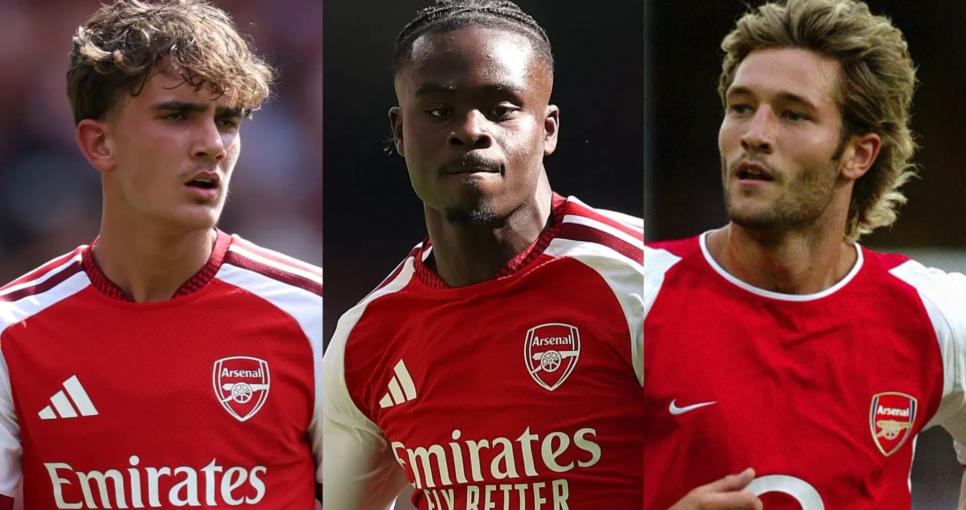 Tres jugadores de Arsenal en uniforme rojo y blanco Tres jugadores de Arsenal en uniforme rojo y blanco