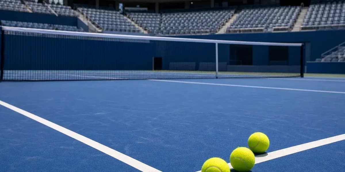 Tres pelotas de tenis en cancha azul vacía Tres pelotas de tenis en cancha azul vacía