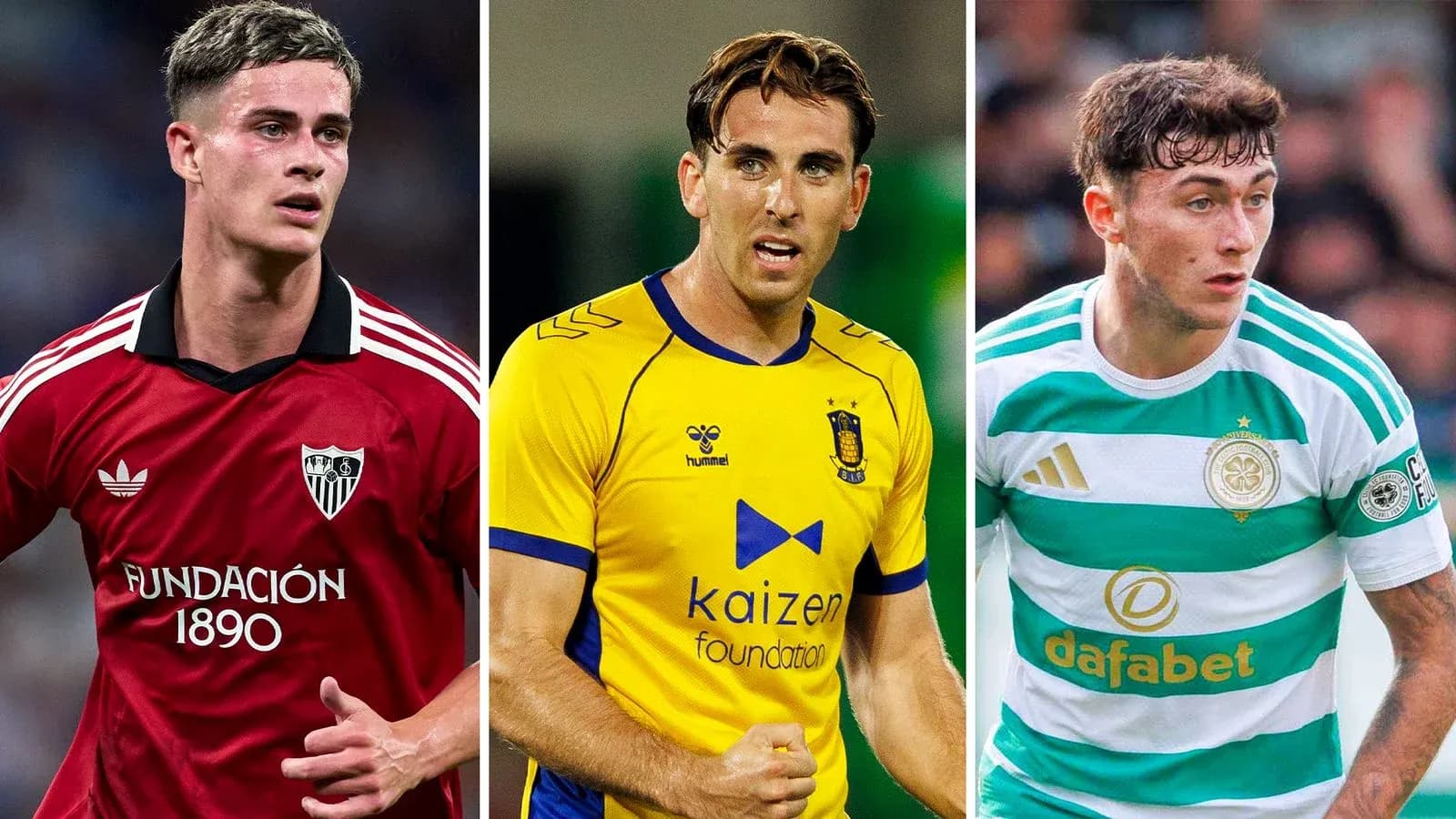 Tres futbolistas en sus respectivos uniformes de clubes Tres futbolistas en sus respectivos uniformes de clubes