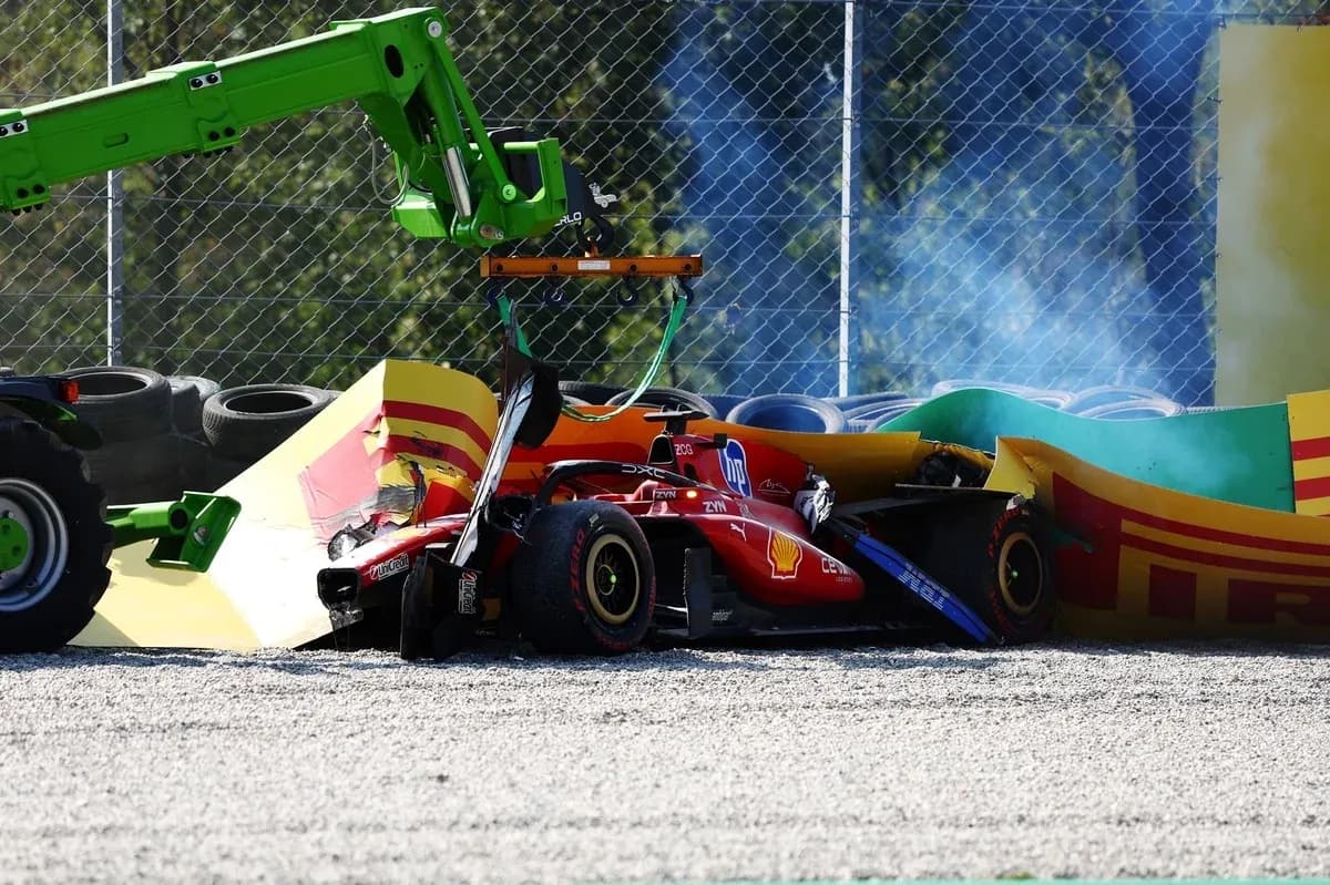 Ferrari F1 car crashed into tire barrier Ferrari F1 car crashed into tire barrier