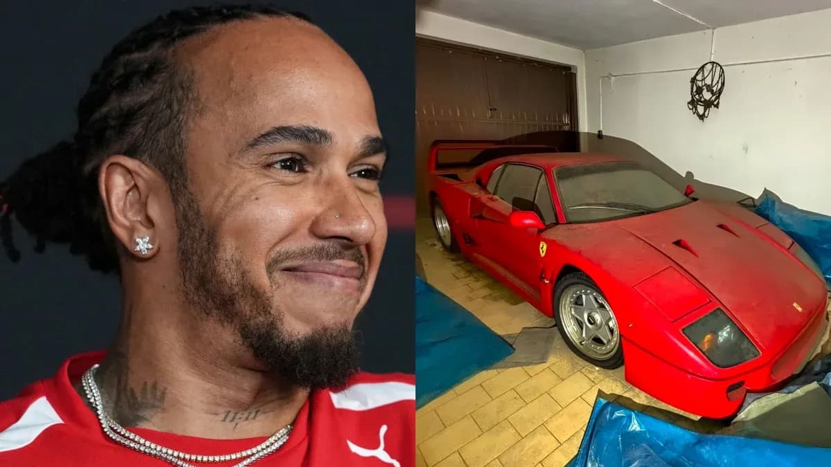 Lewis Hamilton smiling beside a dusty Ferrari F40 Lewis Hamilton smiling beside a dusty Ferrari F40