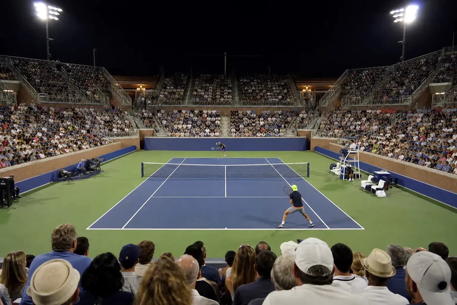 Partido de tenis en cancha iluminada con público Partido de tenis en cancha iluminada con público