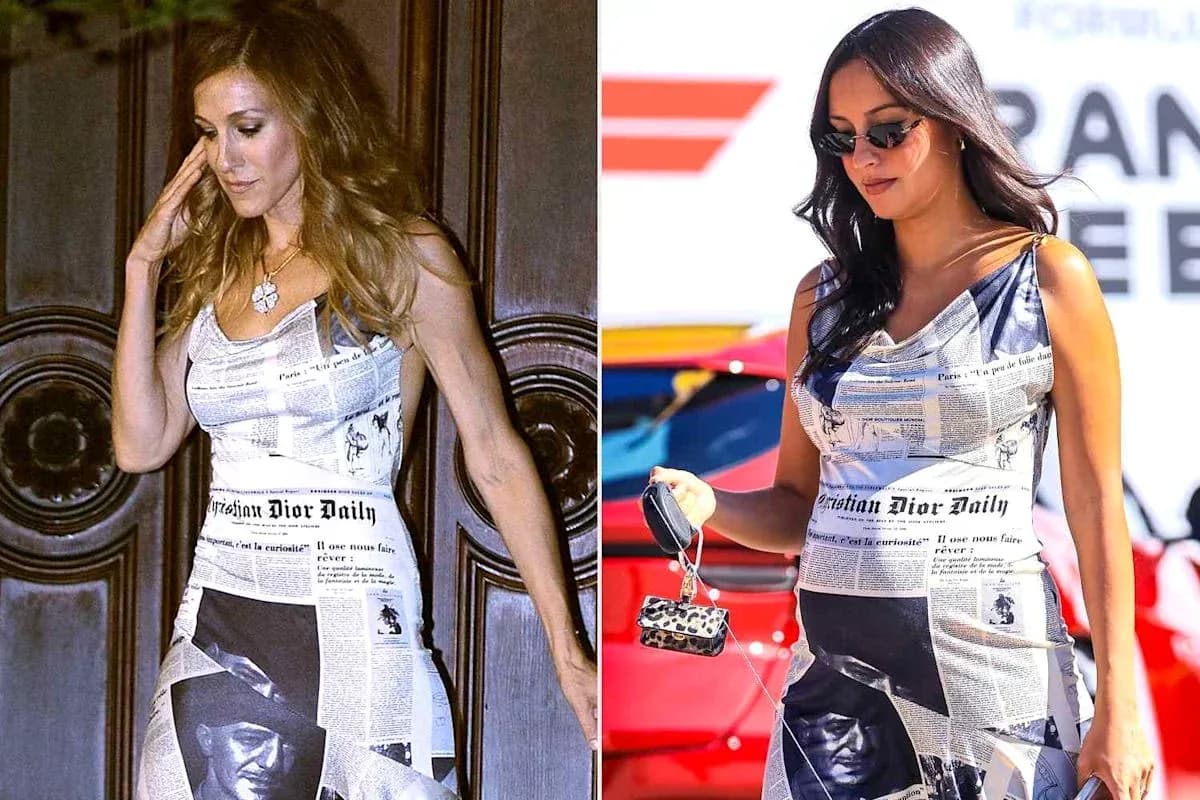 Dos mujeres con vestidos de prensa de Dior Dos mujeres con vestidos de prensa de Dior
